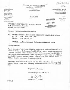06-05-01 Tome Beard WCAB Re Status Mandatory Settlement conference Settled for 6-12-01_Page_1