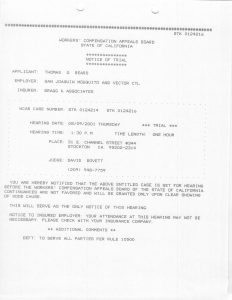 08-09-01 Tom Beard WCAB Notice of Trial