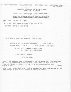 12-05-01 Tom Beard WCAB Trial Notice of Hearing Cancellation