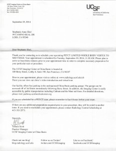 09-25-14_Stephanie Ebel UCSF Imaging Center Appt Letter for 9-30-14